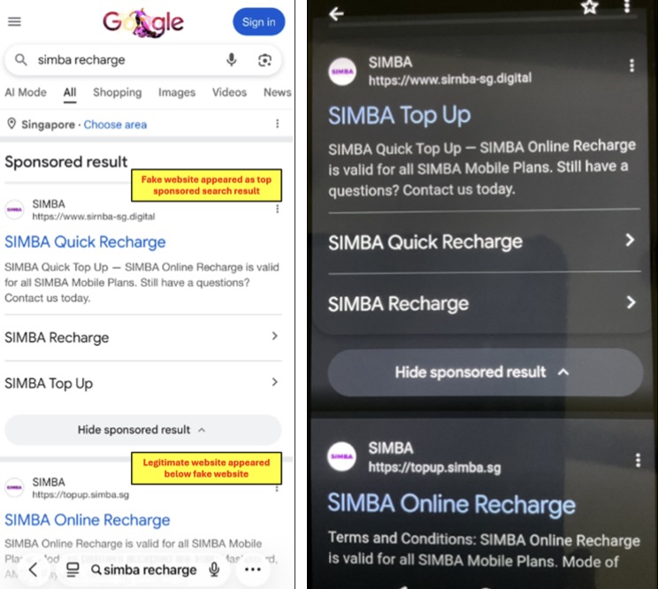 Screenshot of fake SIMBA top-up websites appearing as sponsored Google search results