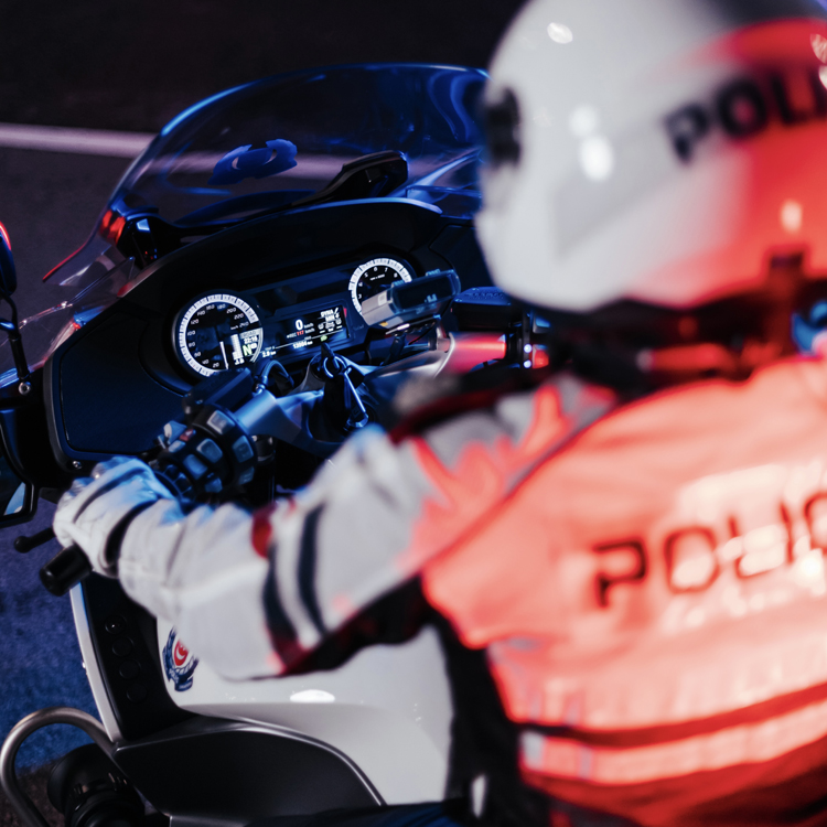 traffic police officer on his bike from helmet photo angle