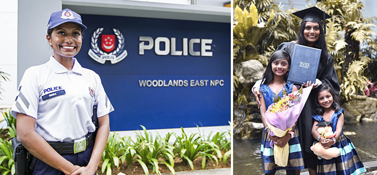 officer rekha and a family photo of her with her daughters