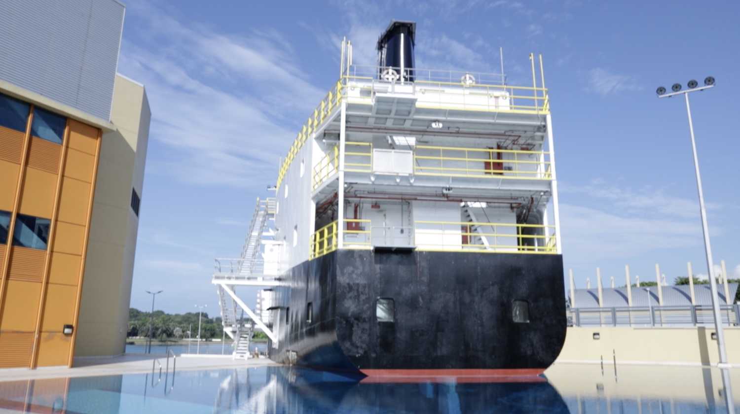 The BST is a multifunctional training facility that’s built to resemble a merchant cargo vessel. PHOTO: Soh Ying Jie 