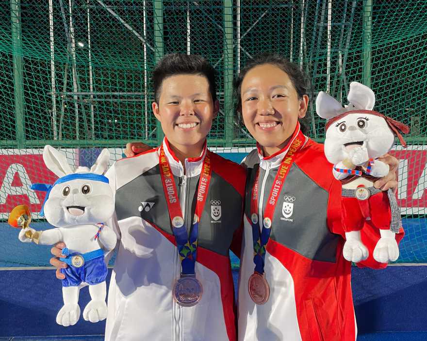 Sgt Felissa Lai (left) has been a goalkeeper for the national women’s field hockey team for almost 20 years. PHOTO: Sgt Felissa Lai