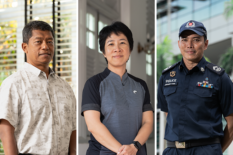 three horizontal photo collage of Supt Amir in white civilian shirt, SI Farik in uniform, and Supt Toh in civil attire