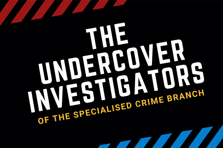 a black image with blue and red police stripes on two corners and the article title in white in the centre