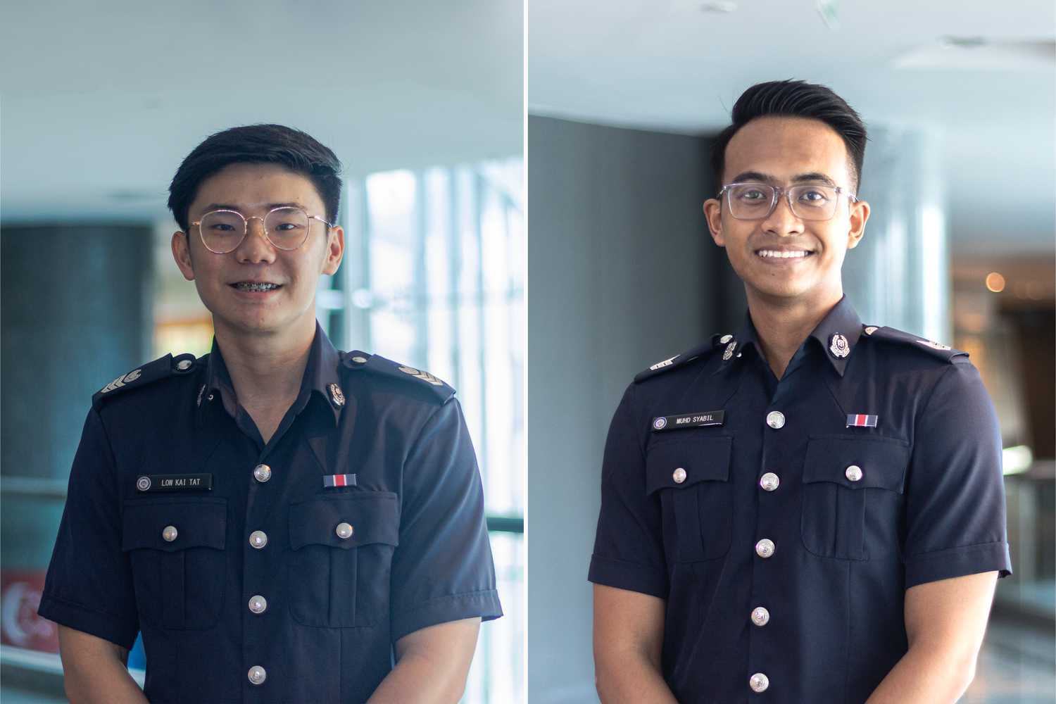 two officers standing side by side. Officer on the left is SSSgt Low Kai Tat, while officer on the right is Sgt Muhamad Syabil Bin Salleh