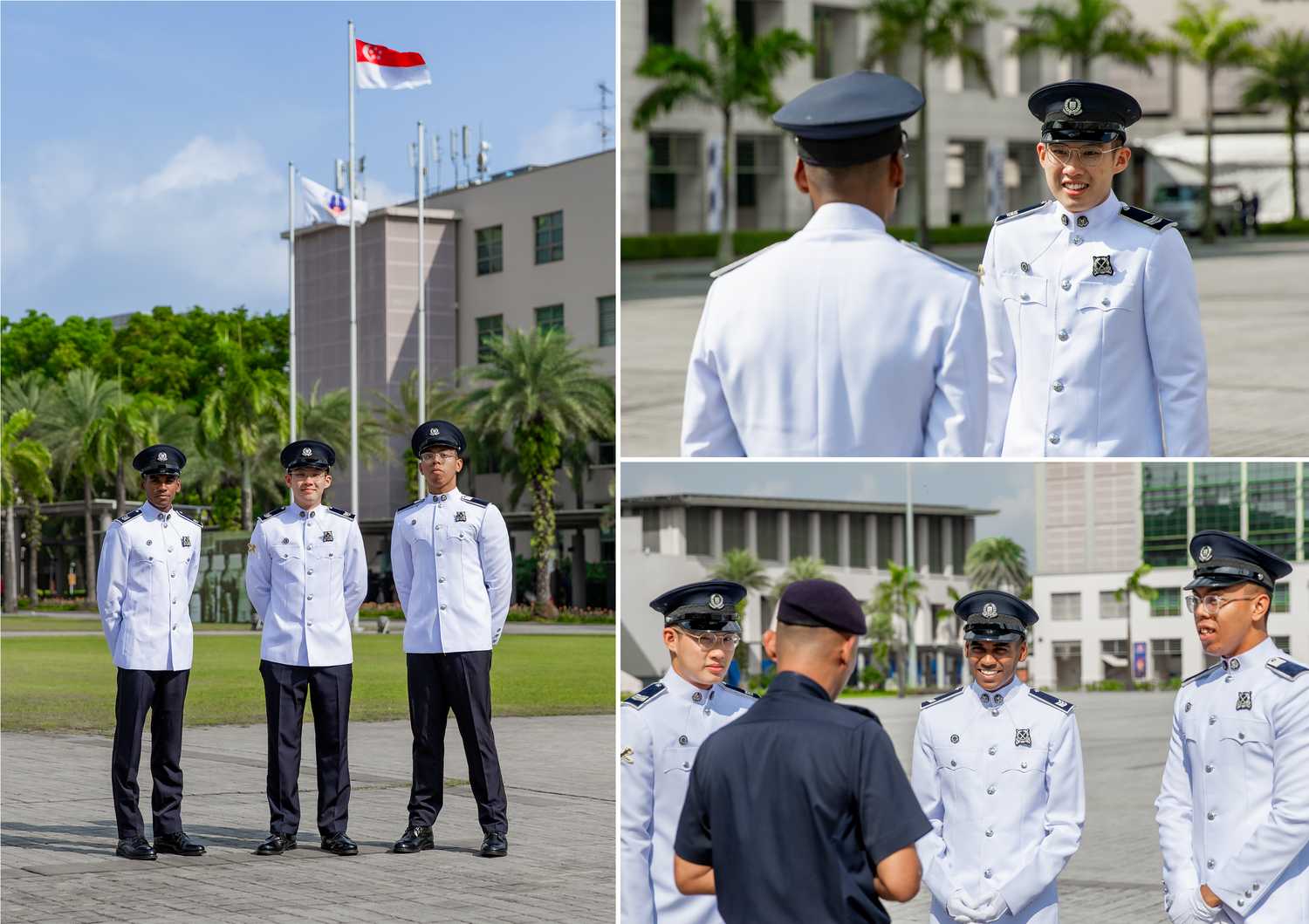 three photo collage where left photo is three officers in white in a senandiri position, top right photo is colin smiling and bottom left photo is the three officers in white facing camera and talking to SI ridzuan who is in the foreground but his back is only seen