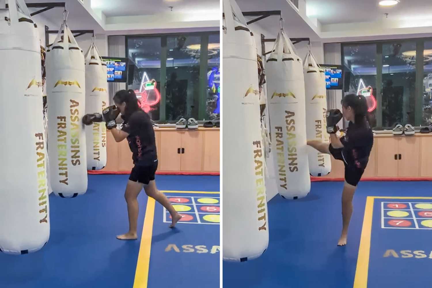 There are 2 photos side by side of Sergeant Ivie, in the left she is punching and on the right she is kicking a white punching bag with gold words in her Muay Thai training.