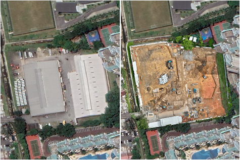 An image is split into two frames to showcase the differences between each image. On the left is a standard satellite image of the area. On the right is a drone-created 2D map overlay on the standard satellite image.