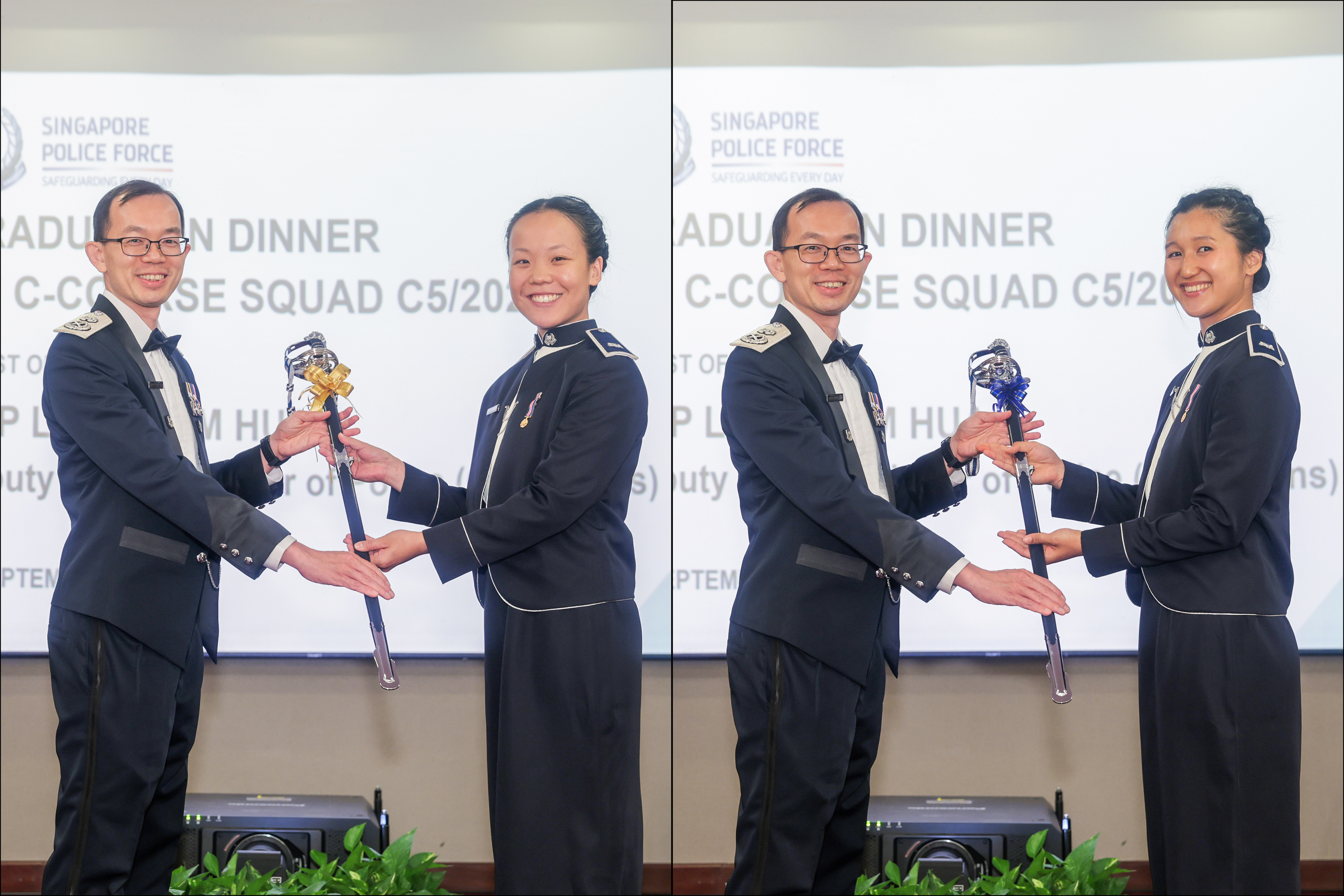 A photo that is split vertically into two frames. ASP Shermaine Ang is receiving the Sword of Honour on the left from Deputy Commissioner of Police Lian Ghim Hua while ASP Cammy Carin Chua is receiving the Sword of Merit from Deputy Commissioner of Police Lian Ghim Hua on the right. 