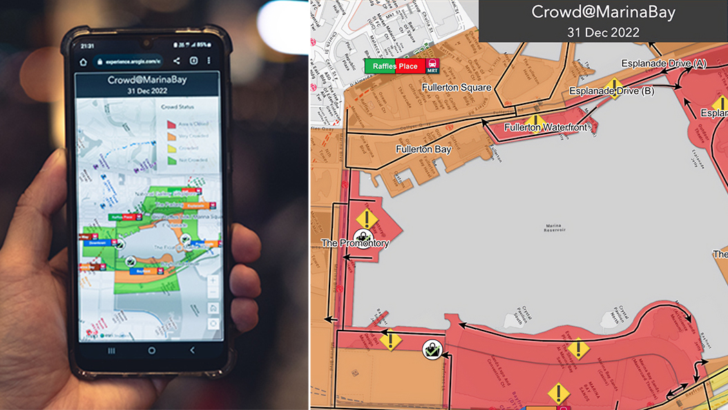 Left: A user’s view of the live map during the Marina Bay Singapore Countdown 2022 at 9:30pm. Right: A screengrab of the live map at 11.08pm during the Marina Bay Singapore Countdown 2022. 
