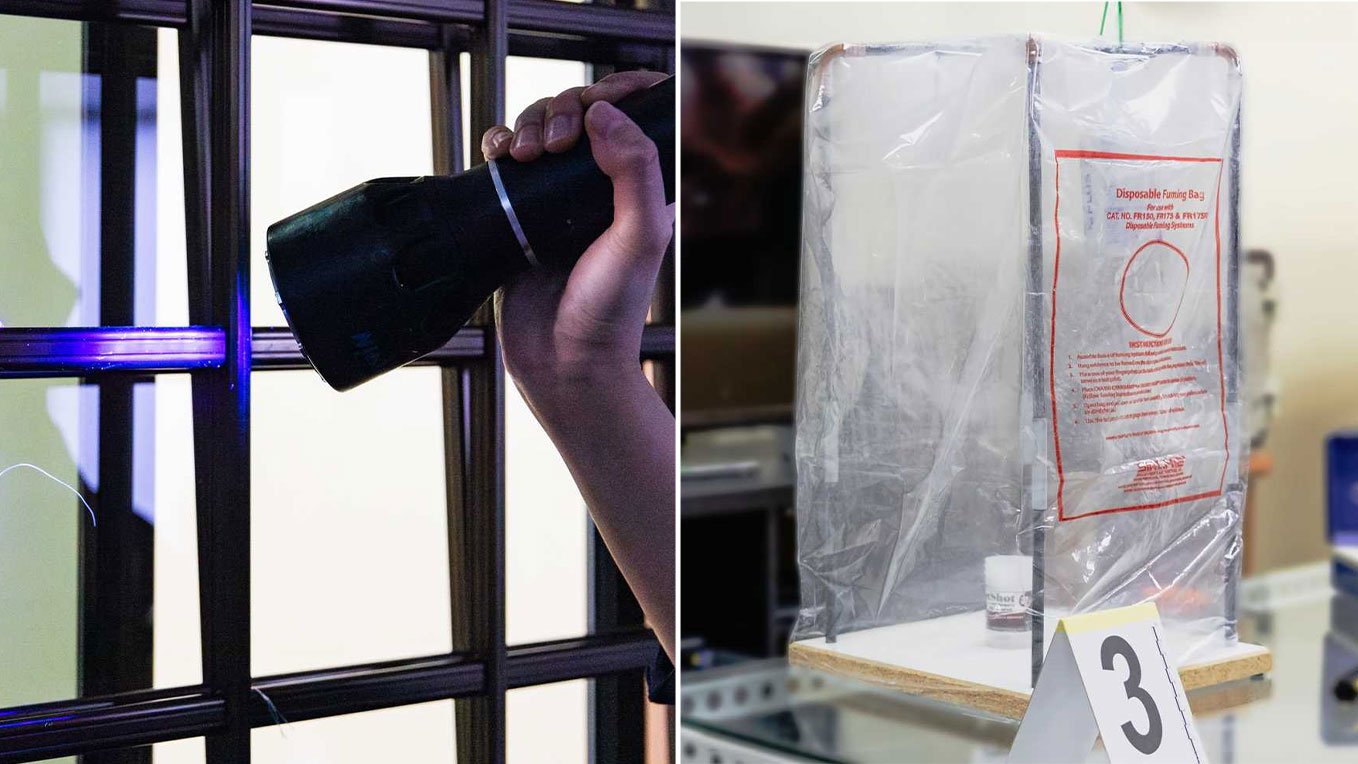 The image is split into two frames. On the left, a forensic light source is shown, and on the right, a portable fingerprint development chamber is in use.