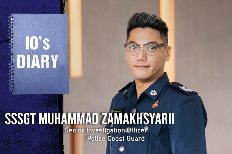 Senior Staff Sergeant (SSSgt) Muhammad Zamakhsyarii in a close-up profile shot of the cover photo of the IO's diary series, where his name is shown on screen, along with the words 'Senior Investigation Officer' and 'Police Coast Guard'.