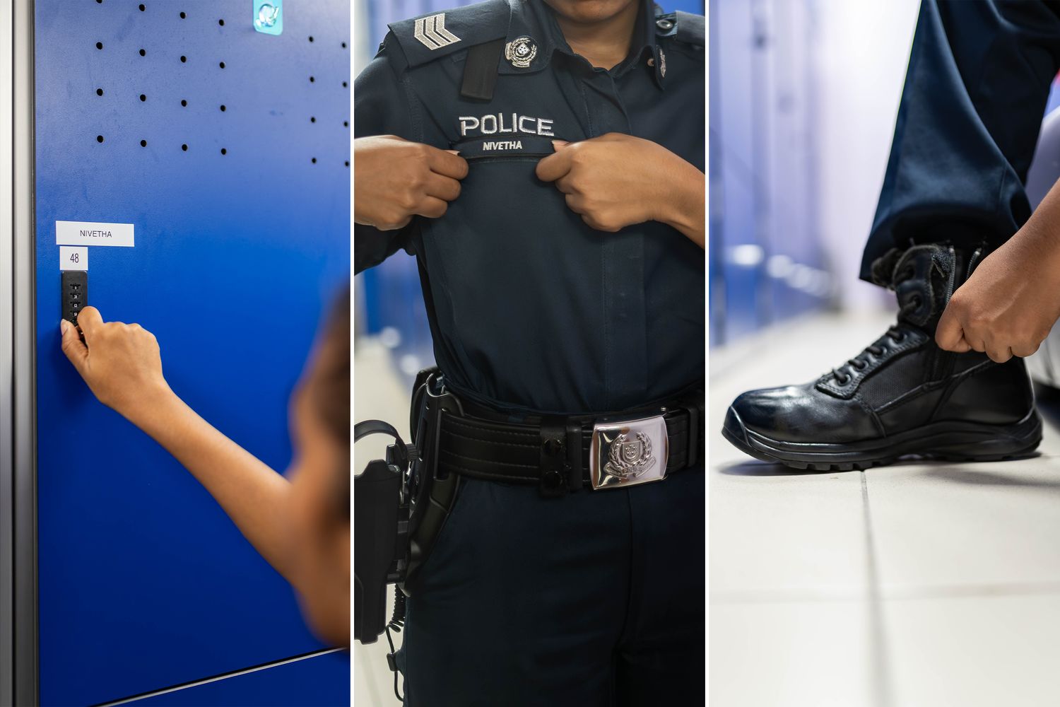 three part compilation of officer opening locker, fixing name tag and wearing her boots