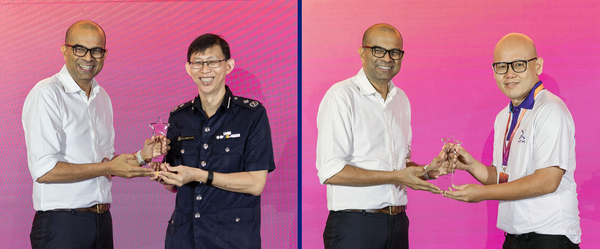 two photos in compilation showing them receiving the award on stage