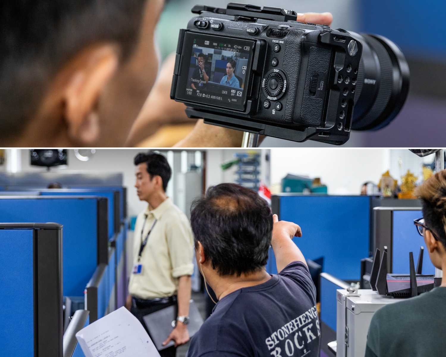 A picture that is split into two frames. The top frame showcases a close-up of a camera that is filming the actors acting out a crimewatch scene. The bottom frame depicts the director of crimewatch directing a scene with his finger extended out in an effort to direct actors.