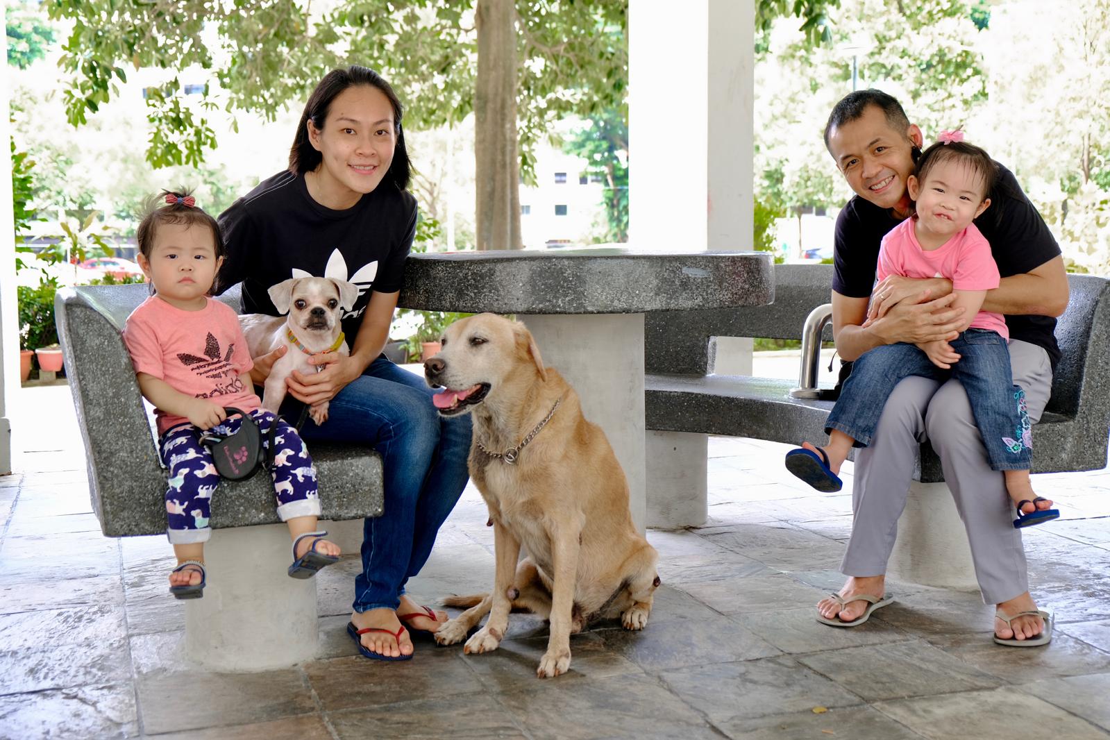 an under the block shot of the family with their two late dogs