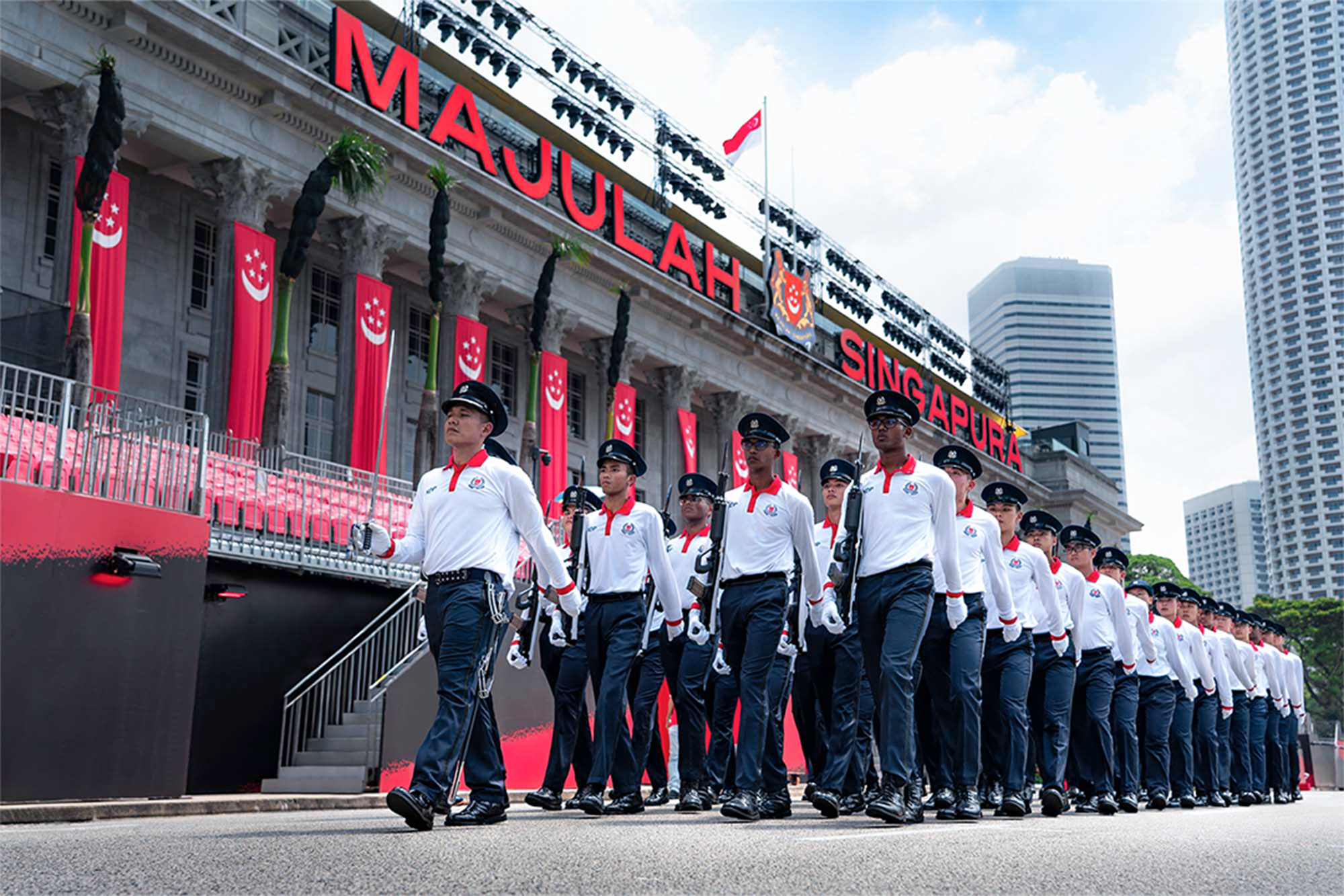 DSP Muhsin marching with the GOH Contingent during a rehearsal at the Padang. Weekly NDP training sessions commenced in April. PHOTO: Soh Ying Jie