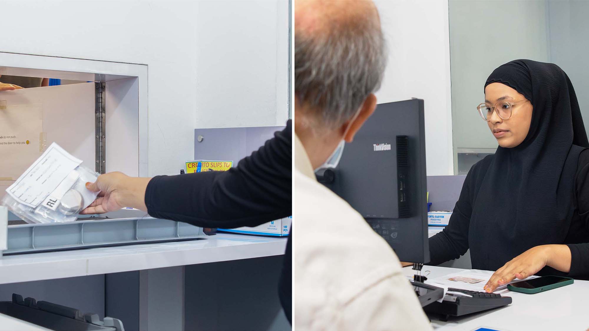 two image collage, where the first is a person taking an item through a small window while another is the fupo personnel talking to a person reporting at the fupo office