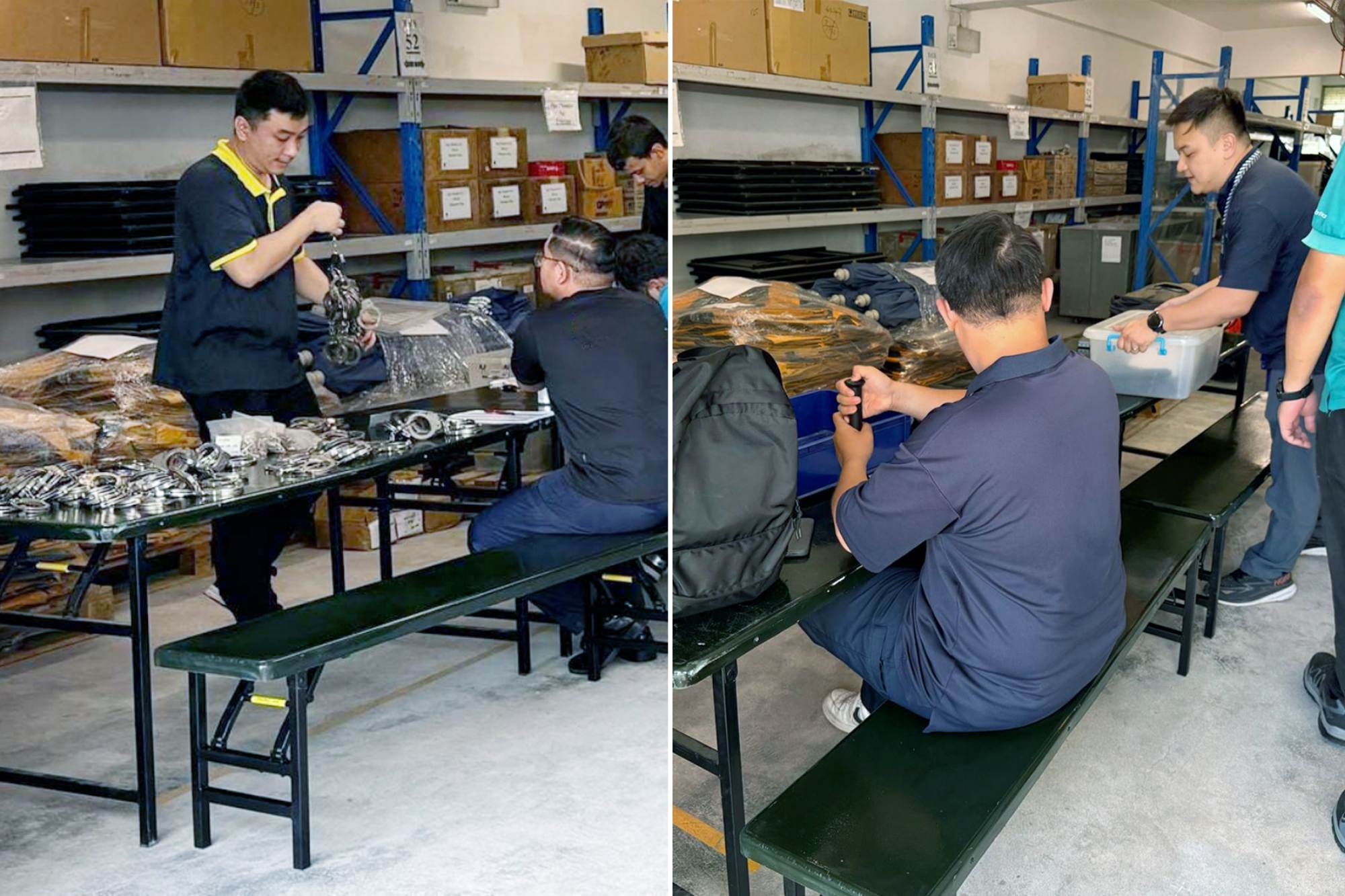 unit officers sitting at a table checking all the handcuffs and baton