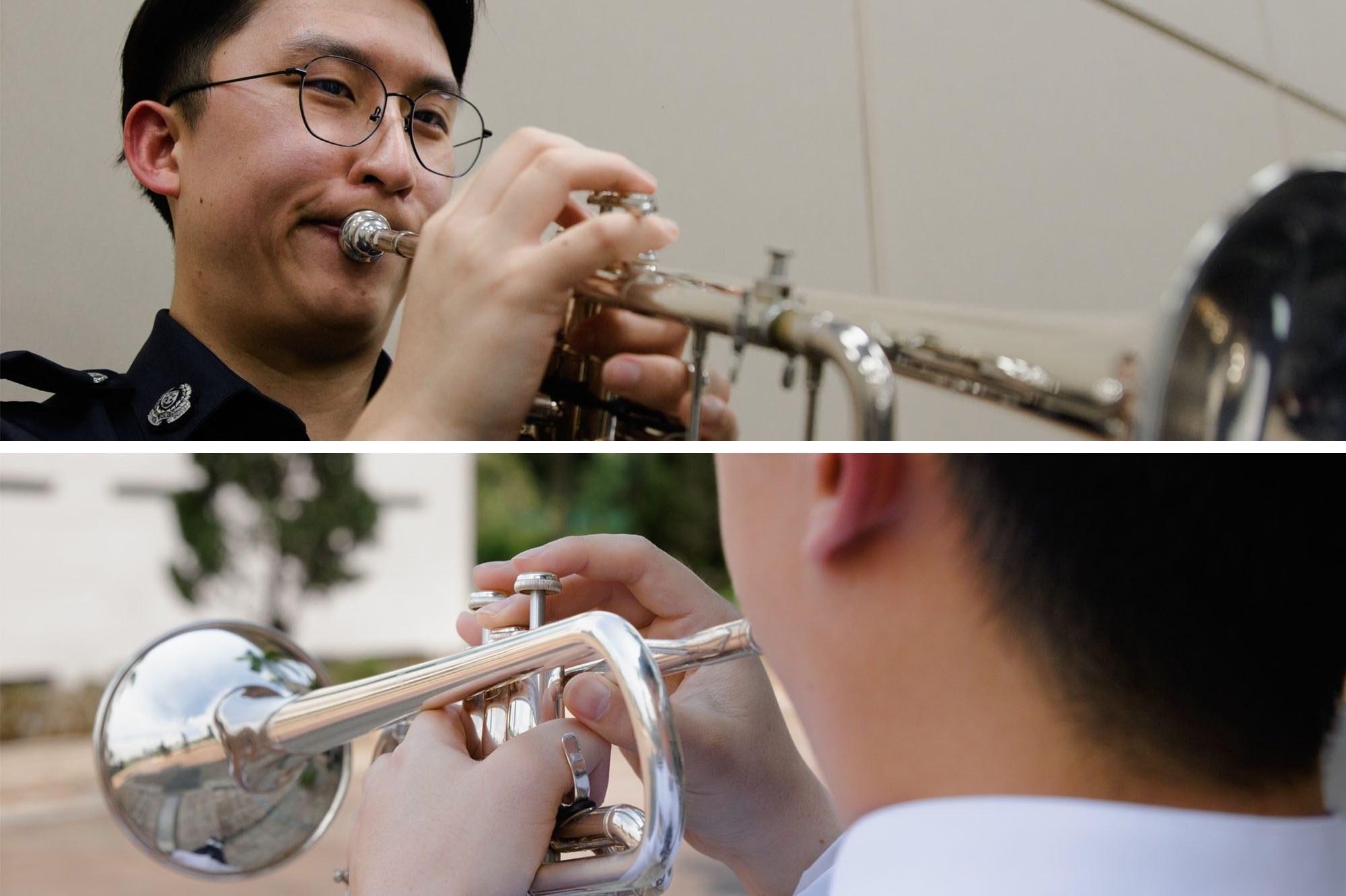two part collage of officer playing the trumpet