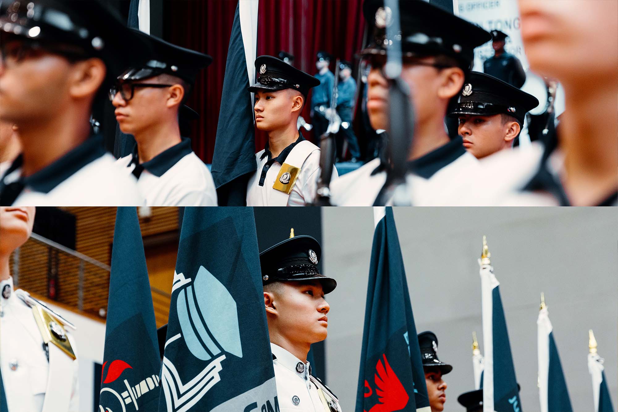 two collage photos (top and below) of shots of nsi chong standing in a row, with one in training attire and another in white uniform