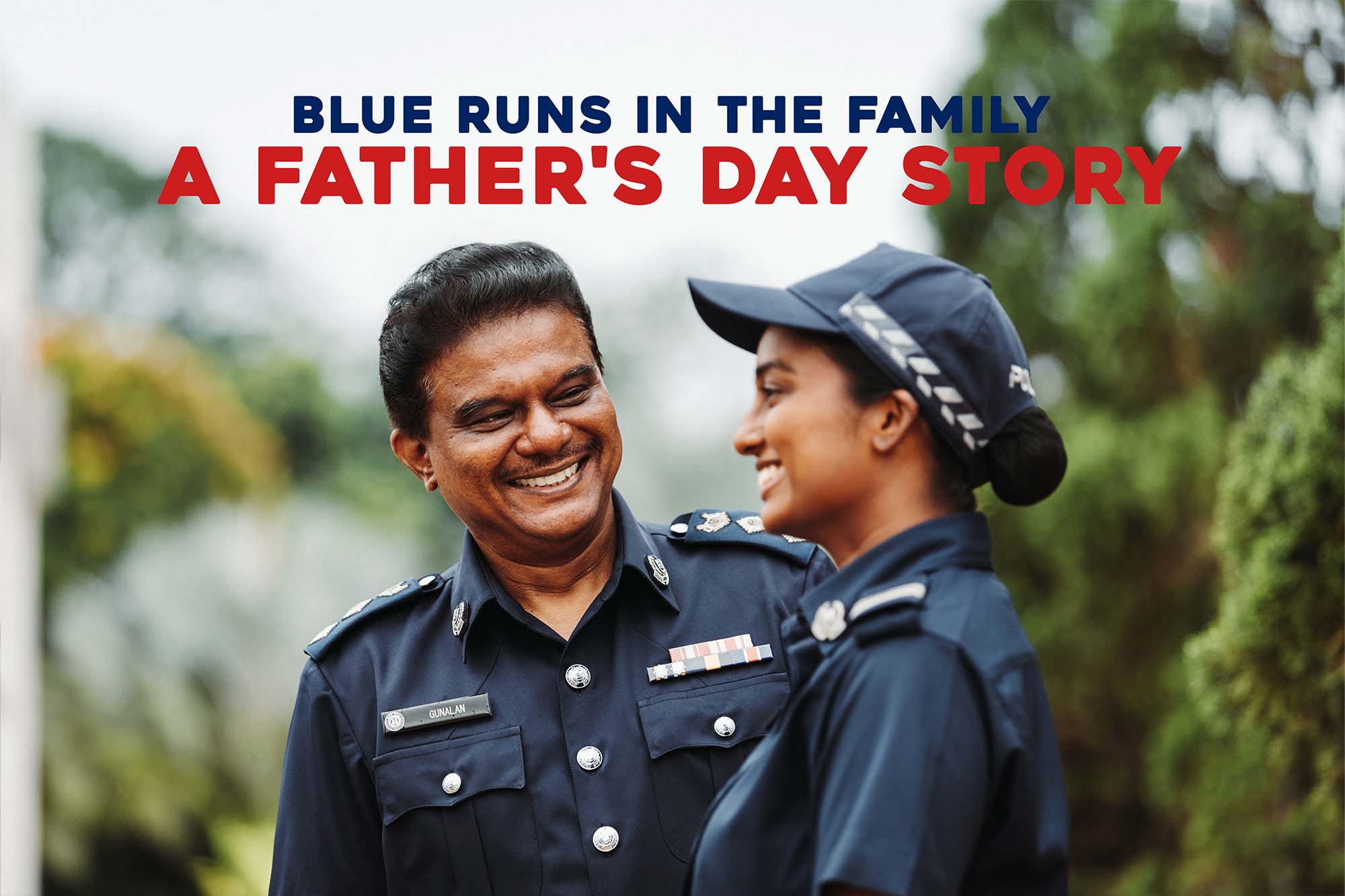 a father and daughter shot of each other in uniform with a the title as a text graphic overlaid on the photo