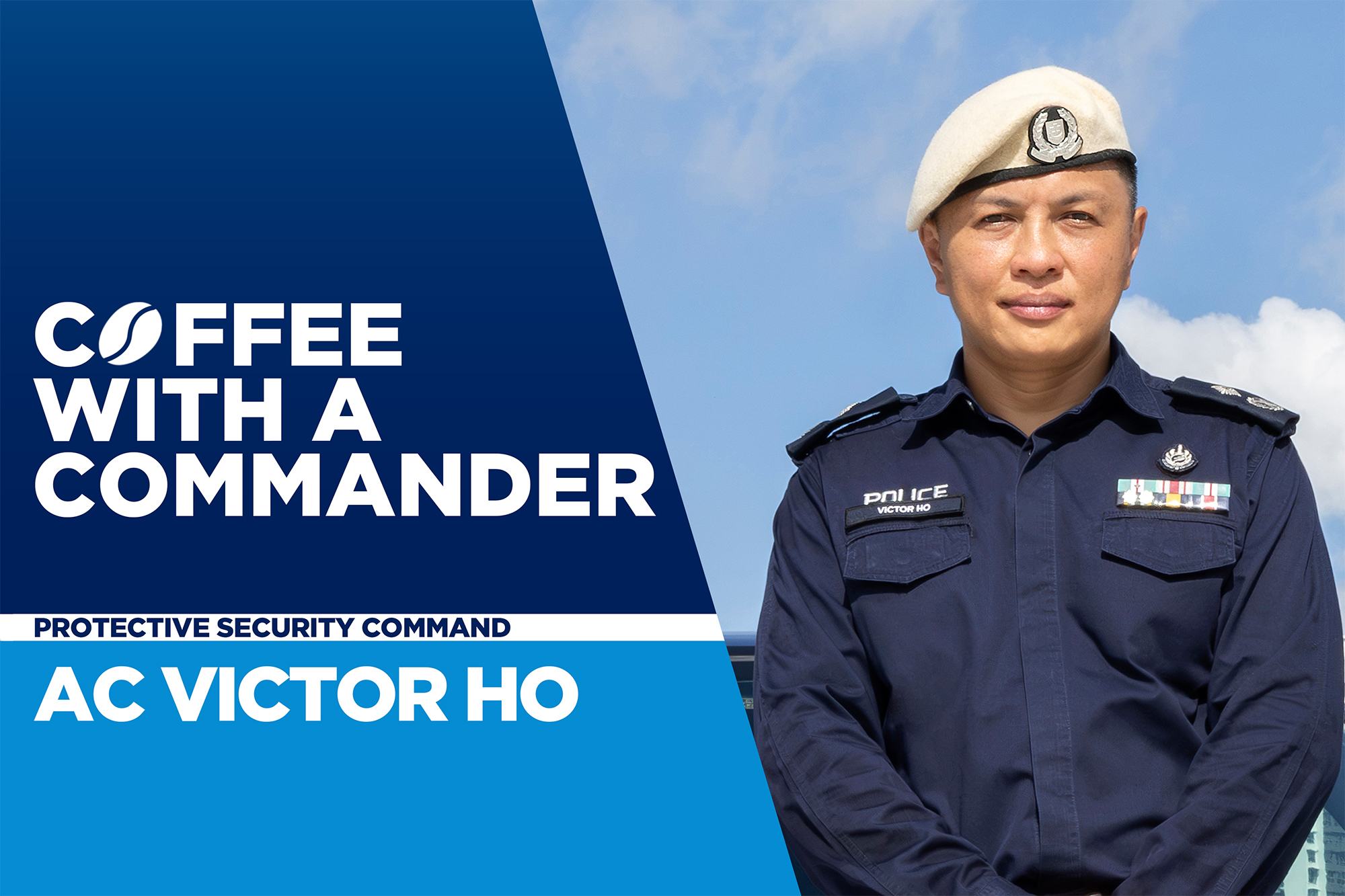 a teaser image of the Coffee with a Commander series, where this time, it is showing AC Victor Ho in his iconic beige beret and blue uniform, with his arms clasped infront
