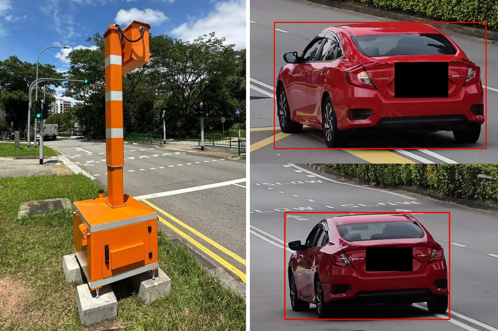 Two photo collage of a orange camera that is physically standing and another photo of a red car caught crossing the two white line on a road