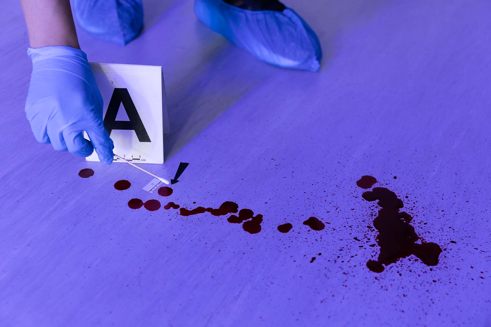 Hui Ting takes a swab at bloodstains on the ground. 