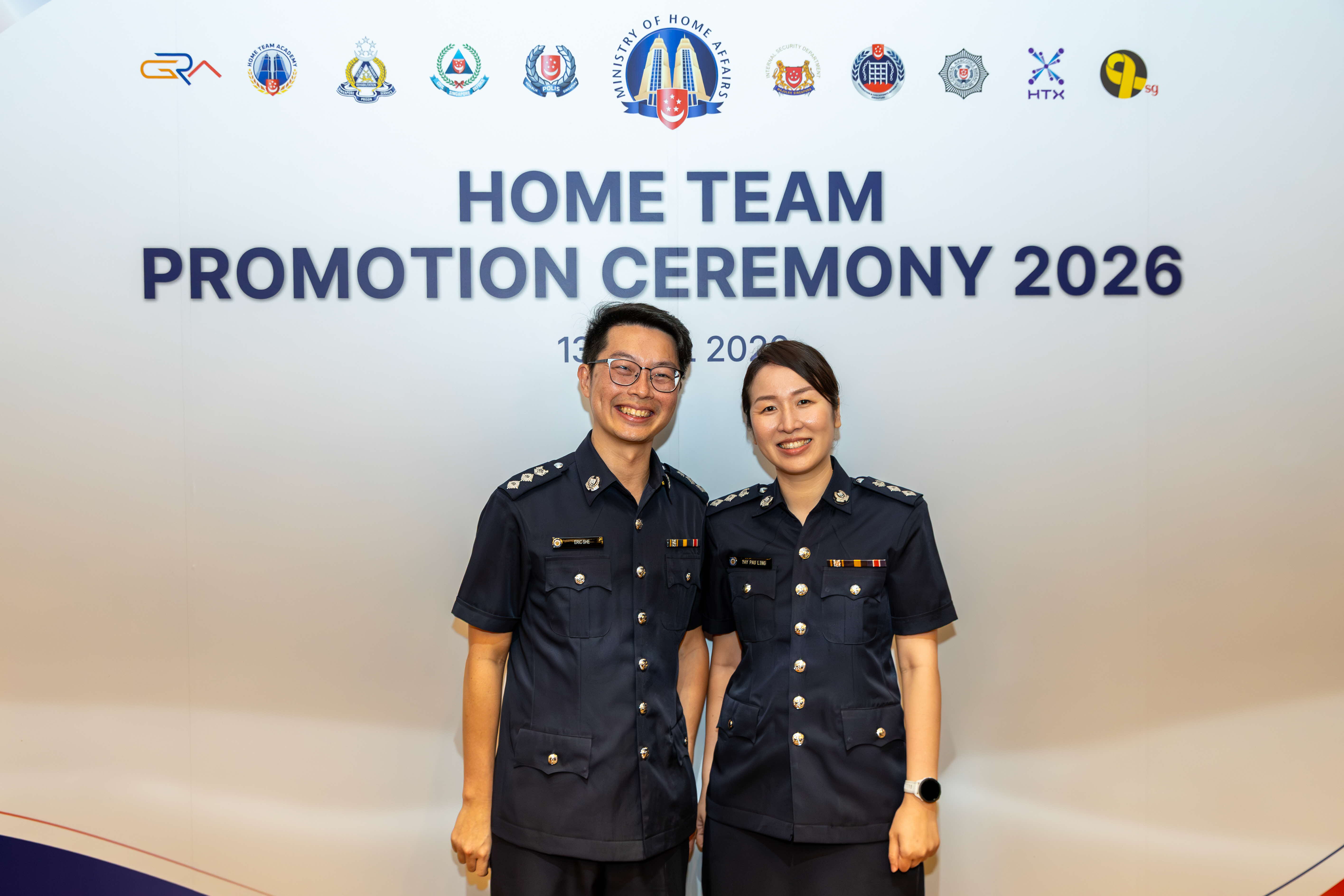 Supt She Zhao Zuo and Supt Tay Pau Ling at the Home Team Promotion Ceremony 2026. 