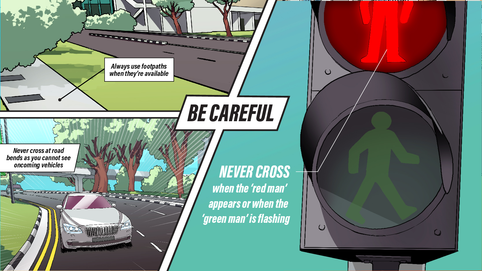 Cars careful driving. Road safety. Be careful of people crossing