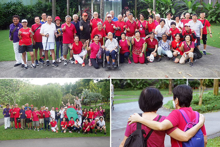A collage of photos of Singapore Police Retirees' Association members going for their monthly walk at Bishan park in January 2023.