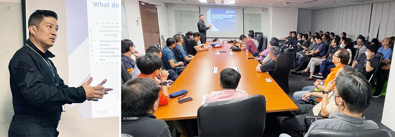 two photos in a collage together, with left photo of officer speaking and right photo of a meeting room, with a long brown wooden table, and many people inside. 