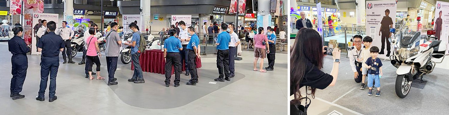 two photo collage; left photo of a roadshow and right photo of few kids posing with police officer beside a motorbike at roadshow