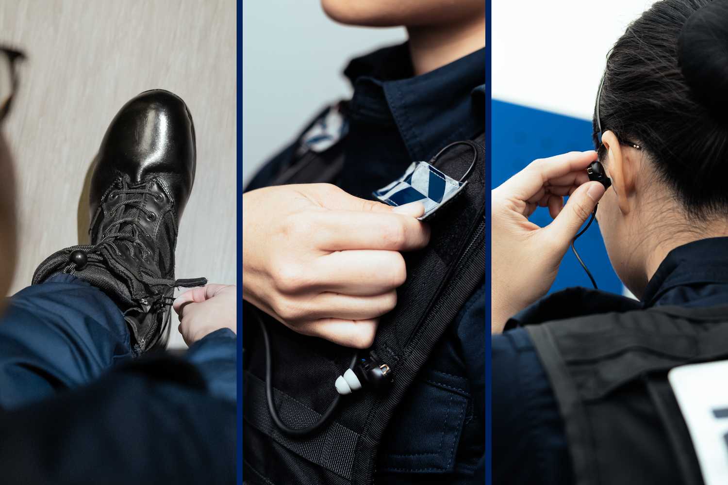 three photo collage with female procom IRT officer tying her boots, wearing her badge and fixing her earpiece, respectively