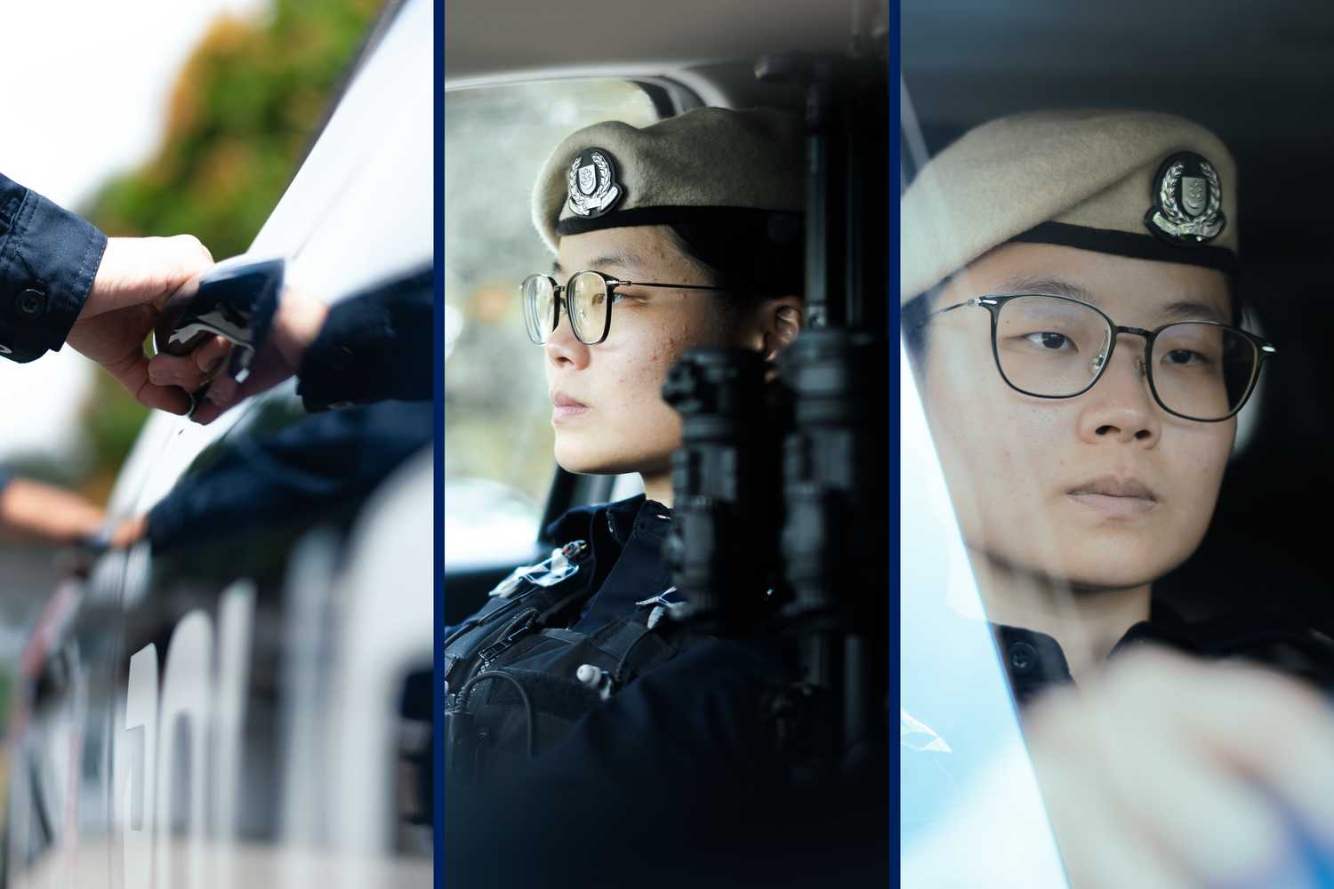 three photo collage of ASP Tan, getting into police vehicle, starting car and driving