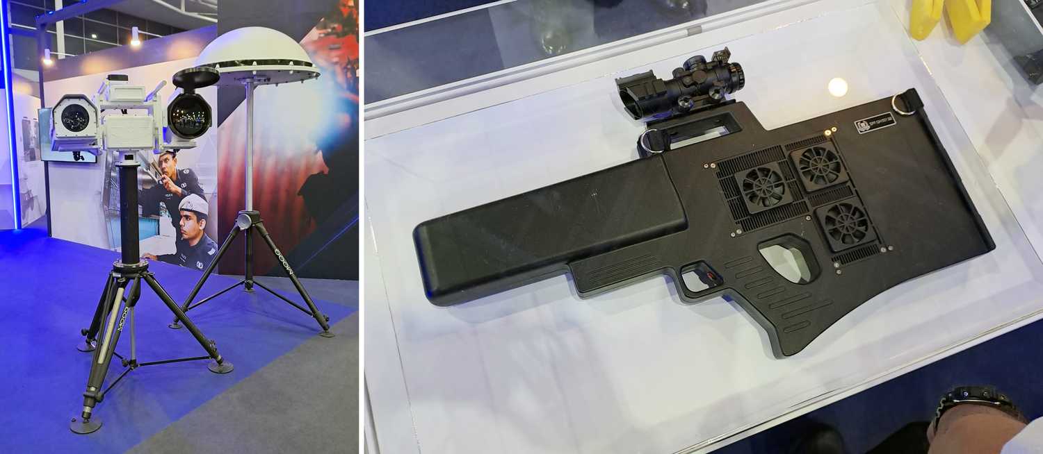 the Counter Drone System on the left with an image of the jammer gun (in black) on the right. The gun is black with built in fans to cool it down