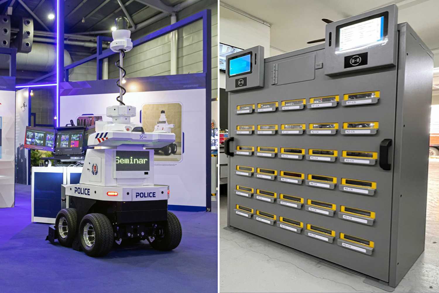 a patrol robot on the left. It is white with rugged wheels. The automated armoury system is grey in colour with many drawers which officers can release after identity is verified. The drawers will contain their weapons.