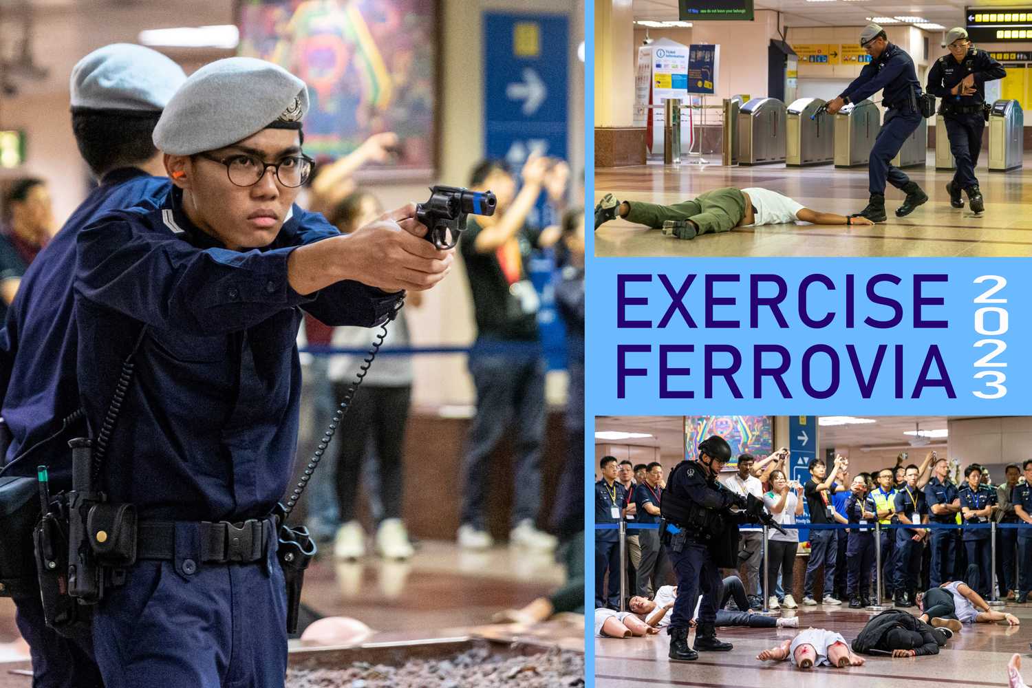 collage of officers engaging in an exercise in the MRT station