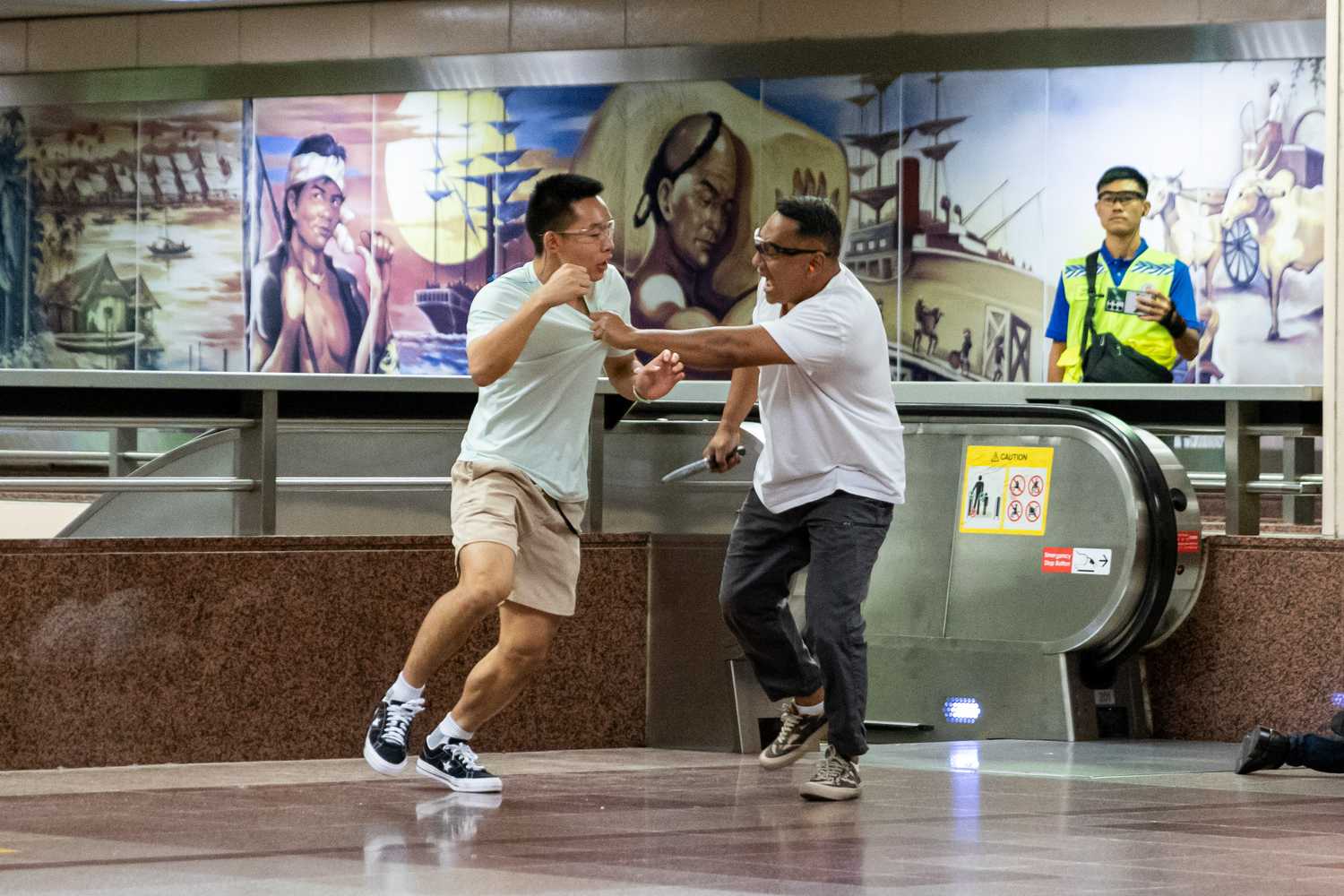 roleplaying actors in white tops during the exercise 