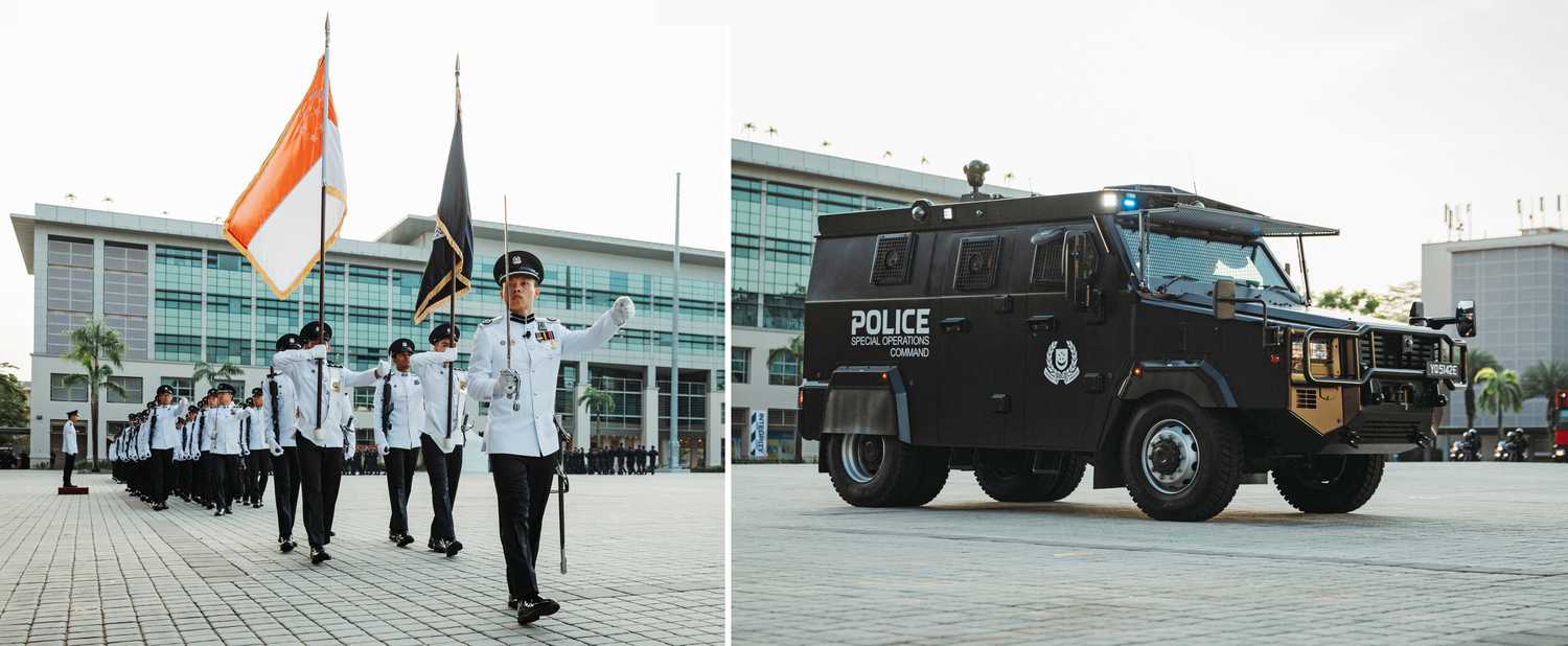 a two photo collage of the contingent marching past on the left and the photo of the Tactical Strike Vehicle in black, on the right