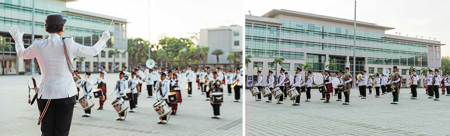 two photo collage of the SPF Band performing in different angles