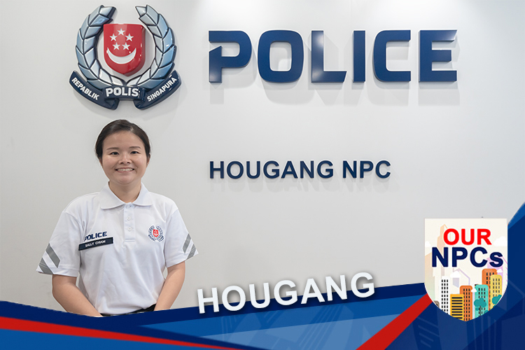 Photo of female officer, Sergeant Sally, in tied back hair, white uniform, standing infront of the Hougang NPC signage. Bottom of the photo has some vectors that say "Hougang"