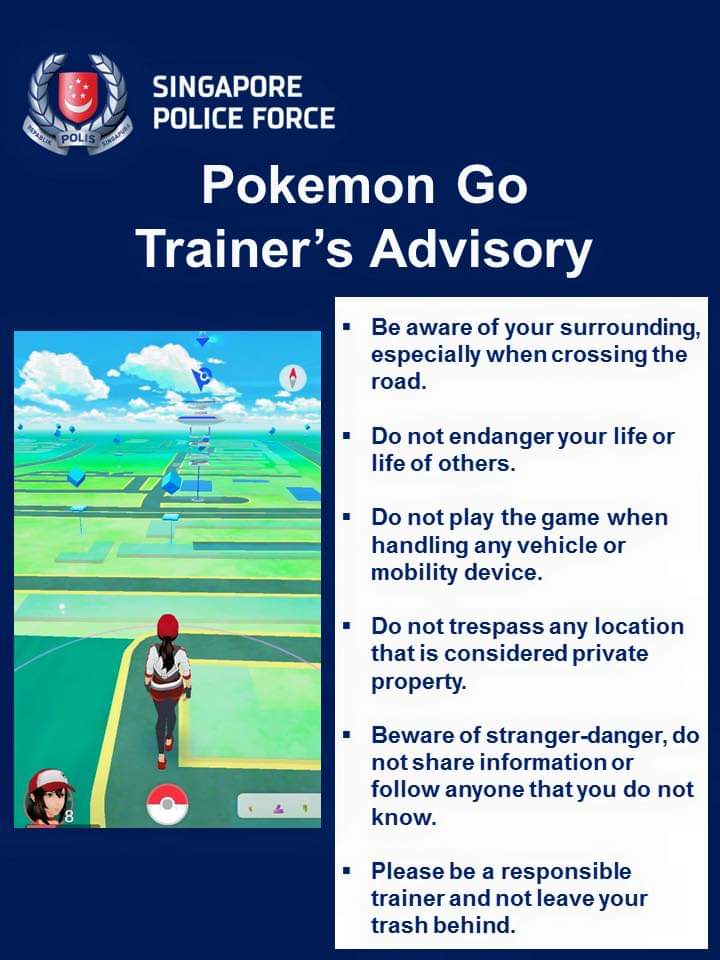 a poster showing an in game footage from Pokemon go, with advisory messages on the right in white text against a blue background