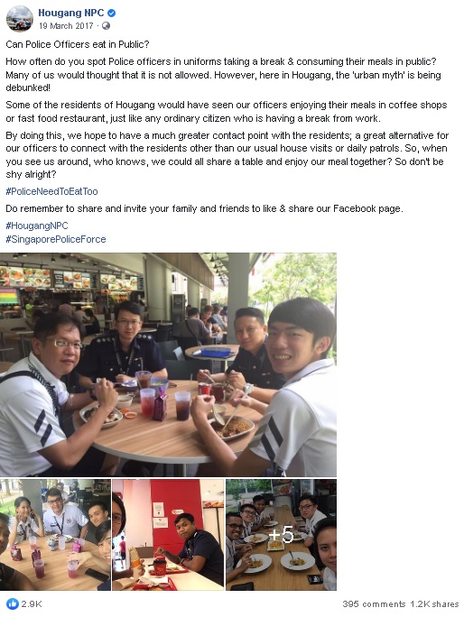 a facebook post screenshot of the hougang npc officers eating in public