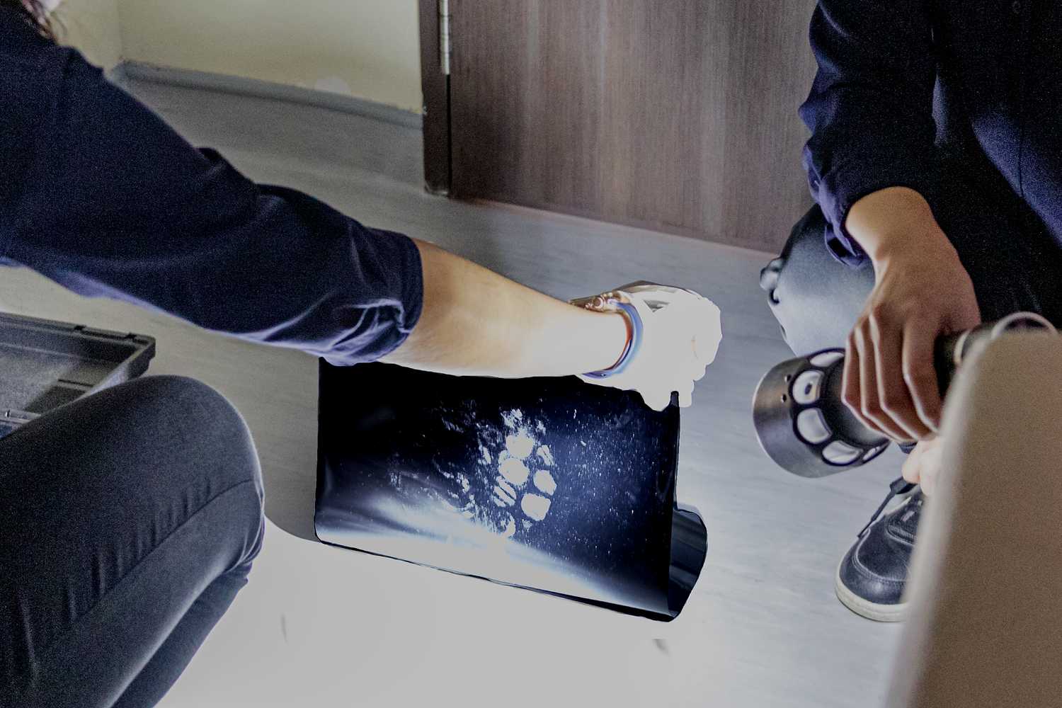 Two Forensic Specialists reveal a transferred footprint mark on the ESLA black vinyl sheet, after successfully deploying the ESLA. One is holding the torchlight to shine on the sheet, while the other is holding the sheet up.