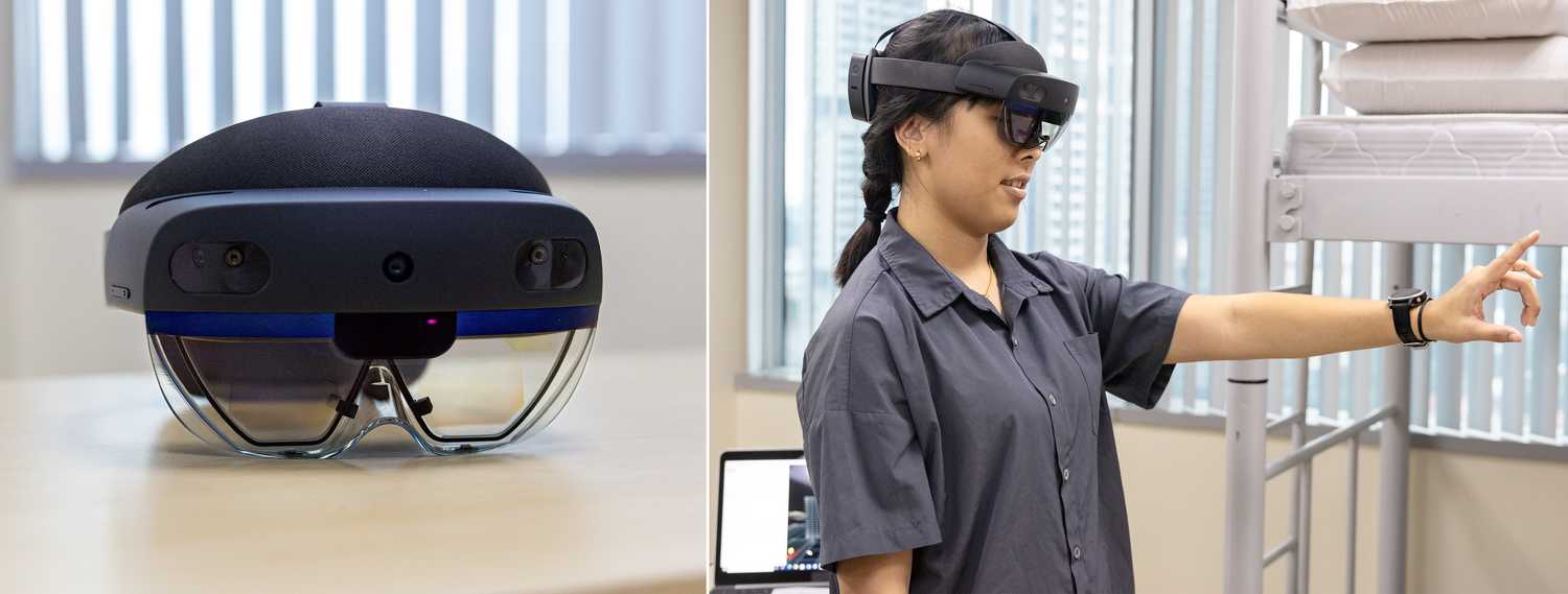 The image is a collage of two different pictures. On the right, a close-up of the Mixed Reality training goggles are shown. On the left, a trainee wearing the Mixed Reality training goggles is pictured with her right arm extended and pinched together, an action meant to interact with the virtual scene.