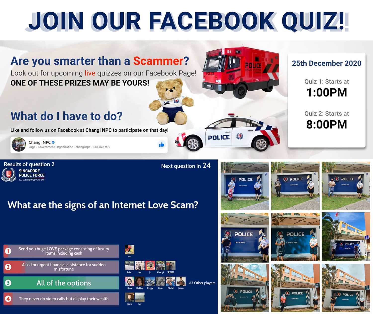 a three part compilation of screenshots from the facebook scam quiz online