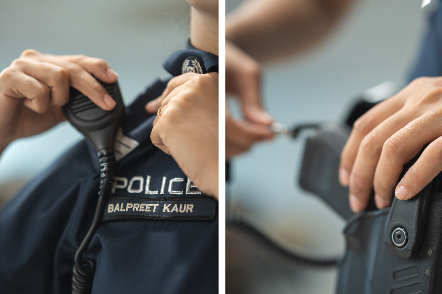 two part photo compilation, where officer is adjusting her epaulette and fixing her gun lanyard