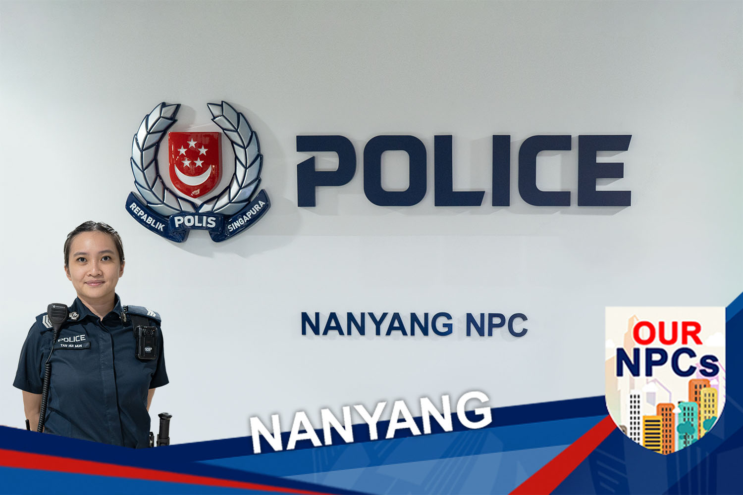 photo of female police officer standing infront of a police signage that says nanyang npc