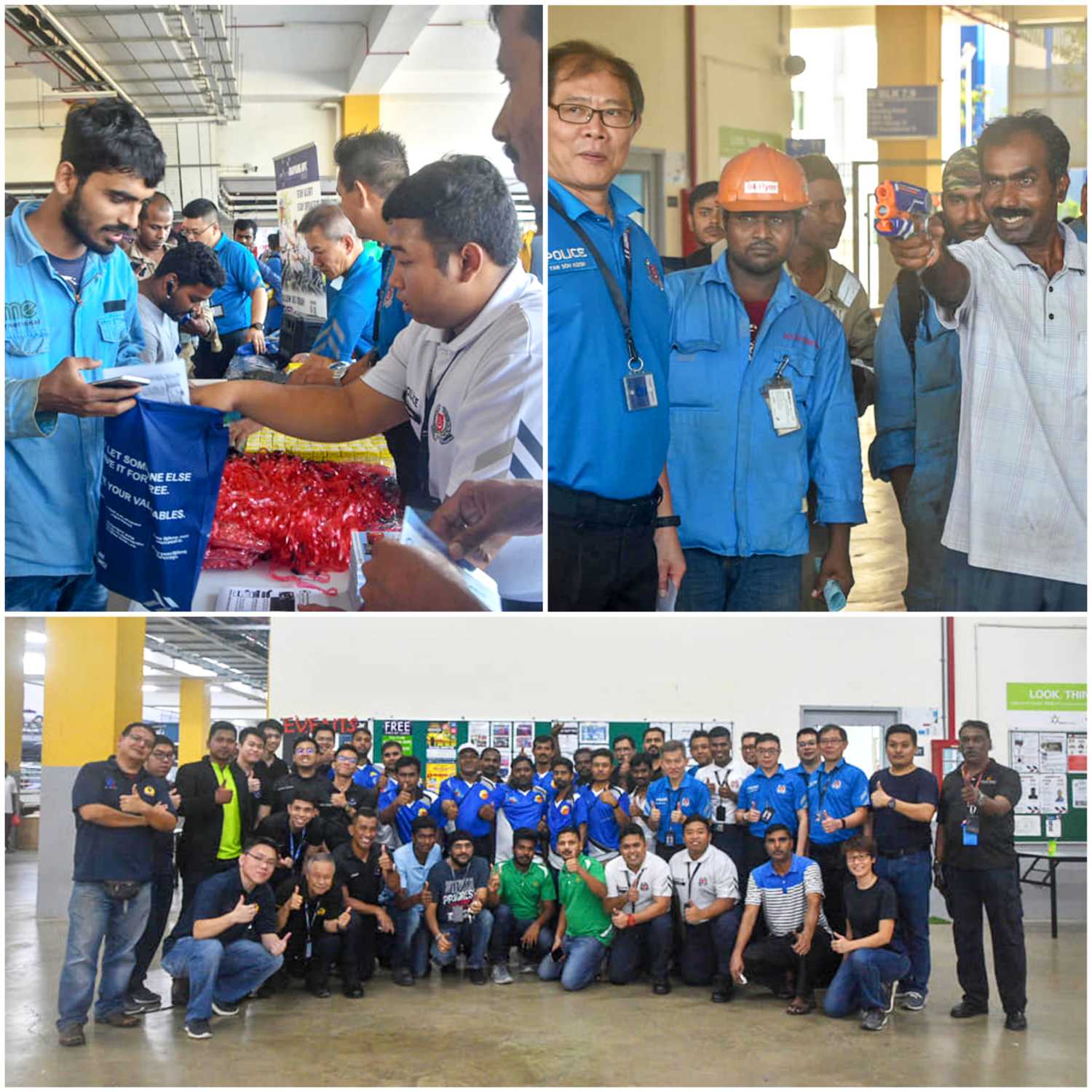 three photo collage of migrant workers participating in the carnival with the SPF officers